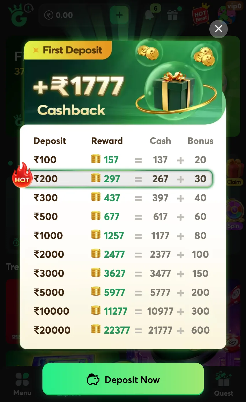 First-deposit and welcome offer screen on the official play path