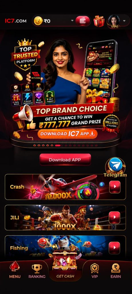 IC7 Game home lobby showing Crash, JILI, fishing and VIP