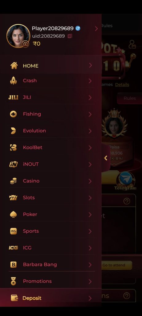 IC7 Game menu with casino, slots, poker, sports and deposit